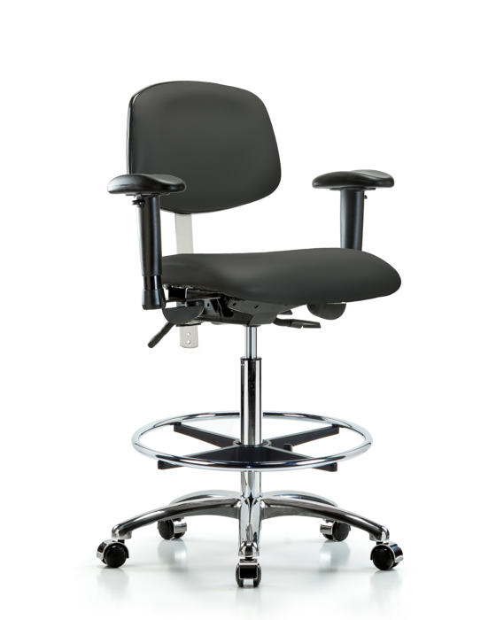 Blue Ridge Ergonomics NCR-VHBCH-CR-T1-A1-CF-CC-8605 Class 100 Vinyl Clean Room Chair - High Bench Height with Seat Tilt, Adjustable Arms, Chrome Foot Ring, & Casters in Charcoal Trailblazer™ Vinyl