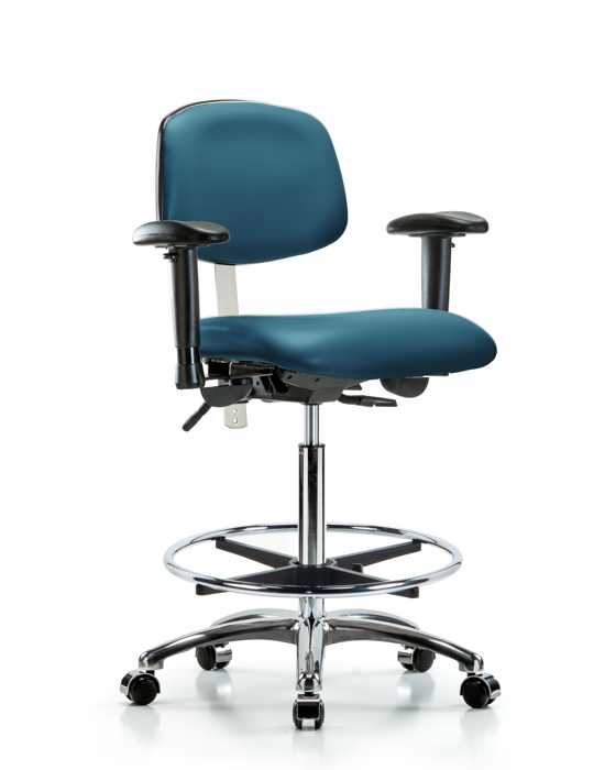 Blue Ridge Ergonomics NCR-VHBCH-CR-T1-A1-CF-CC-8801 Class 100 Vinyl Clean Room Chair - High Bench Height with Seat Tilt, Adjustable Arms, Chrome Foot Ring, & Casters in Marine Blue Supernova™ Vinyl