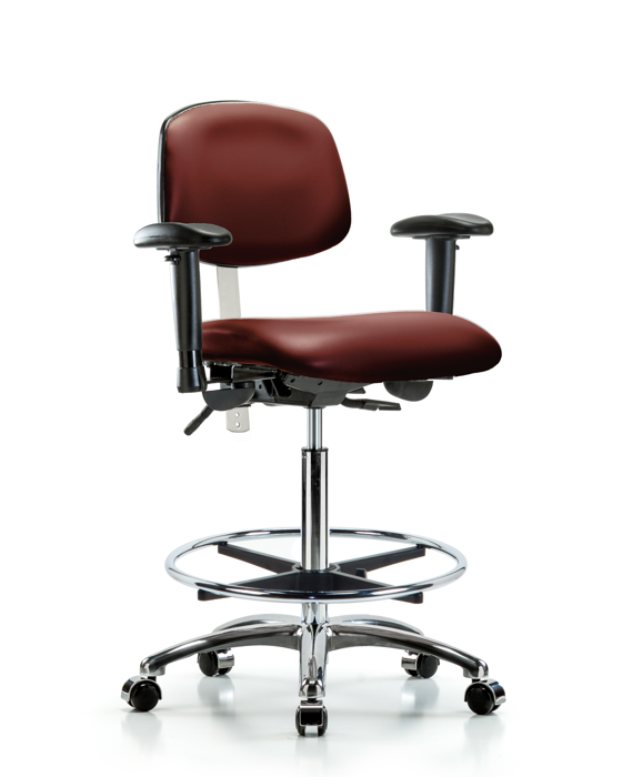 Blue Ridge Ergonomics NCR-VHBCH-CR-T1-A1-CF-CC-8815 Class 100 Vinyl Clean Room Chair - High Bench Height with Seat Tilt, Adjustable Arms, Chrome Foot Ring, & Casters in Borscht Supernova™ Vinyl