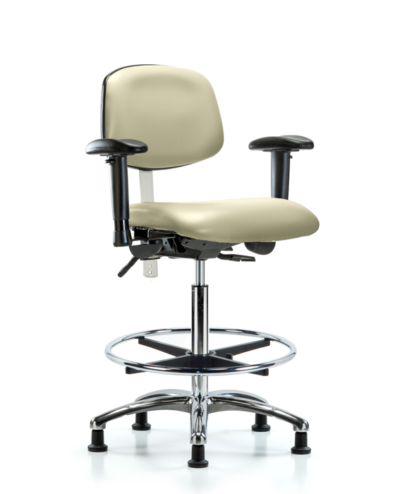 Blue Ridge Ergonomics NCR-VHBCH-CR-T1-A1-CF-RG-8501 Class 100 Vinyl Clean Room Chair - High Bench Height with Seat Tilt, Adjustable Arms, Chrome Foot Ring, & Stationary Glides in Adobe White Trailblazer™ Vinyl