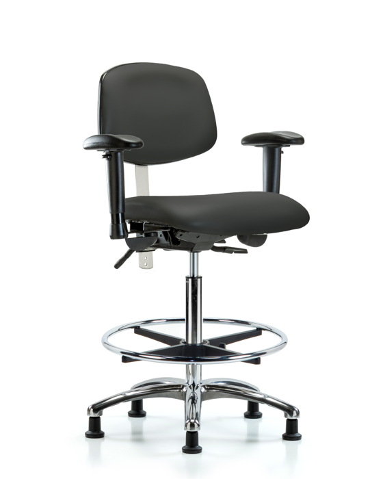 Blue Ridge Ergonomics NCR-VHBCH-CR-T1-A1-CF-RG-8605 Class 100 Vinyl Clean Room Chair - High Bench Height with Seat Tilt, Adjustable Arms, Chrome Foot Ring, & Stationary Glides in Charcoal Trailblazer™ Vinyl