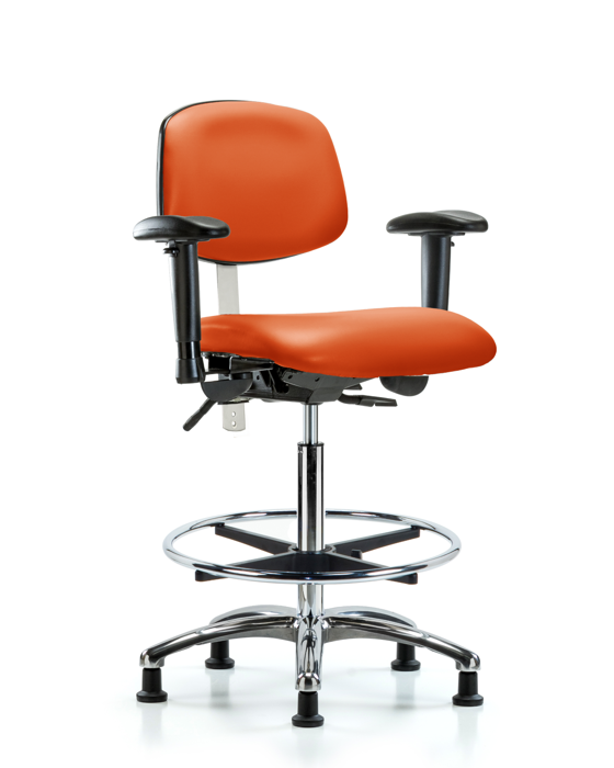 Blue Ridge Ergonomics NCR-VHBCH-CR-T1-A1-CF-RG-8613 Class 100 Vinyl Clean Room Chair - High Bench Height with Seat Tilt, Adjustable Arms, Chrome Foot Ring, & Stationary Glides in Orange Kist Trailblazer™ Vinyl