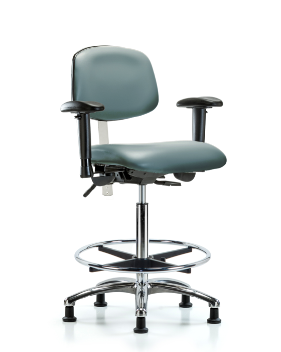 Blue Ridge Ergonomics NCR-VHBCH-CR-T1-A1-CF-RG-8822 Class 100 Vinyl Clean Room Chair - High Bench Height with Seat Tilt, Adjustable Arms, Chrome Foot Ring, & Stationary Glides in Storm Supernova™ Vinyl
