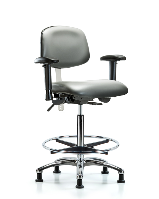 Blue Ridge Ergonomics NCR-VHBCH-CR-T1-A1-CF-RG-8840 Class 100 Vinyl Clean Room Chair - High Bench Height with Seat Tilt, Adjustable Arms, Chrome Foot Ring, & Stationary Glides in Sterling Supernova™ Vinyl