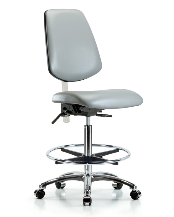 Blue Ridge Ergonomics NCR-VHBCH-MB-CR-T0-A0-CF-CC-8567 Class 100 Vinyl Clean Room Chair - High Bench Height with Medium Back, Chrome Foot Ring, & Casters in Dove Trailblazer™ Vinyl