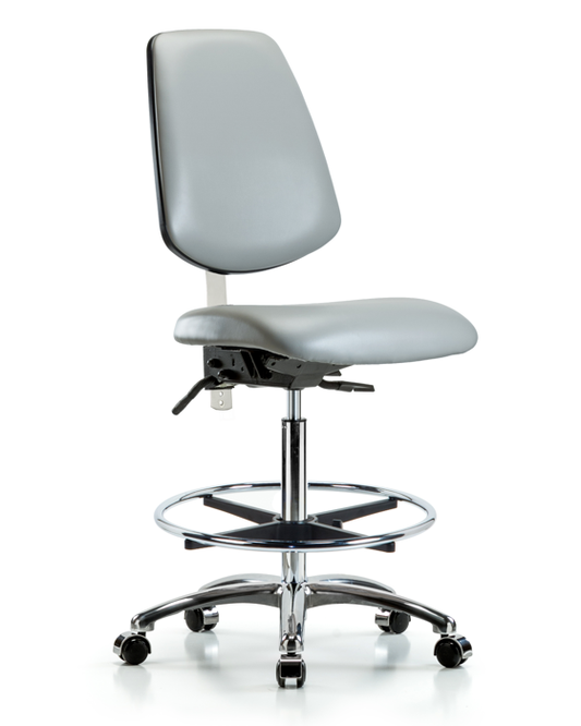 Blue Ridge Ergonomics NCR-VHBCH-MB-CR-T0-A0-CF-CC-8567 Class 100 Vinyl Clean Room Chair - High Bench Height with Medium Back, Chrome Foot Ring, & Casters in Dove Trailblazer™ Vinyl