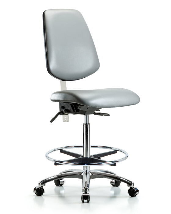 Blue Ridge Ergonomics NCR-VHBCH-MB-CR-T0-A0-CF-CC-8840 Class 100 Vinyl Clean Room Chair - High Bench Height with Medium Back, Chrome Foot Ring, & Casters in Sterling Supernova™ Vinyl