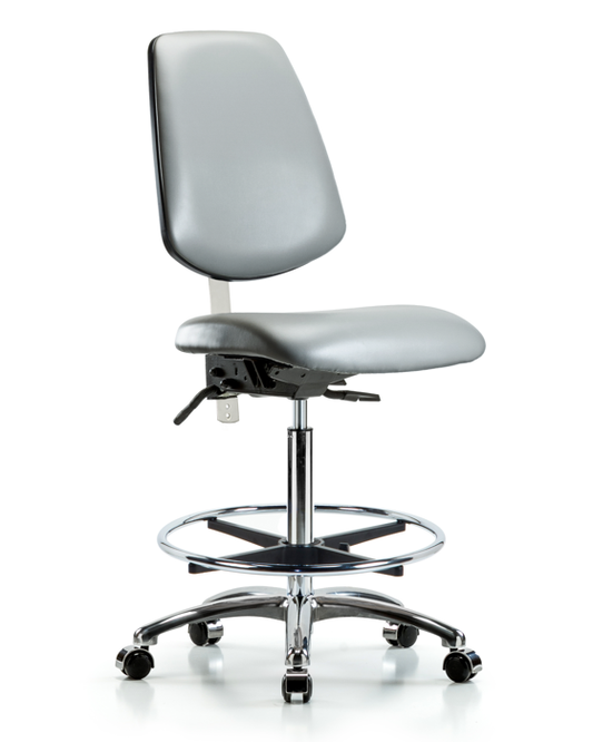 Blue Ridge Ergonomics NCR-VHBCH-MB-CR-T0-A0-CF-CC-8840 Class 100 Vinyl Clean Room Chair - High Bench Height with Medium Back, Chrome Foot Ring, & Casters in Sterling Supernova™ Vinyl