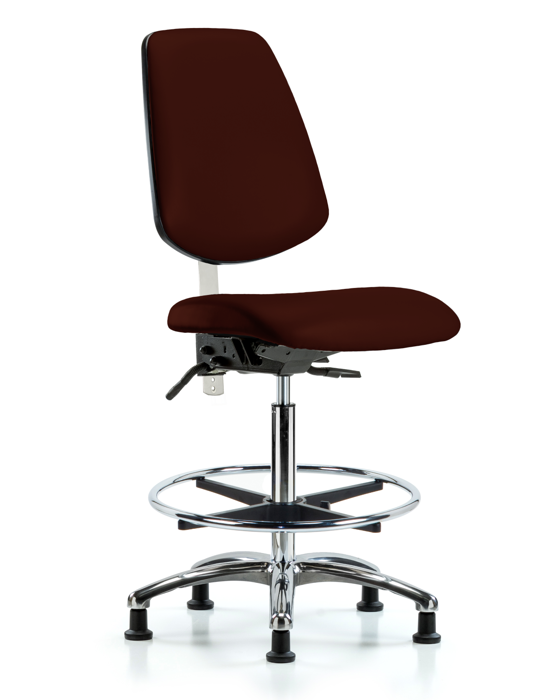 Blue Ridge Ergonomics NCR-VHBCH-MB-CR-T0-A0-CF-RG-8569 Class 100 Vinyl Clean Room Chair - High Bench Height with Medium Back, Chrome Foot Ring, & Stationary Glides in Burgundy Trailblazer™ Vinyl