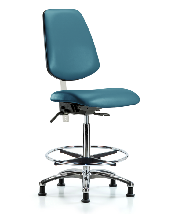 Blue Ridge Ergonomics NCR-VHBCH-MB-CR-T0-A0-CF-RG-8801 Class 100 Vinyl Clean Room Chair - High Bench Height with Medium Back, Chrome Foot Ring, & Stationary Glides in Marine Blue Supernova™ Vinyl