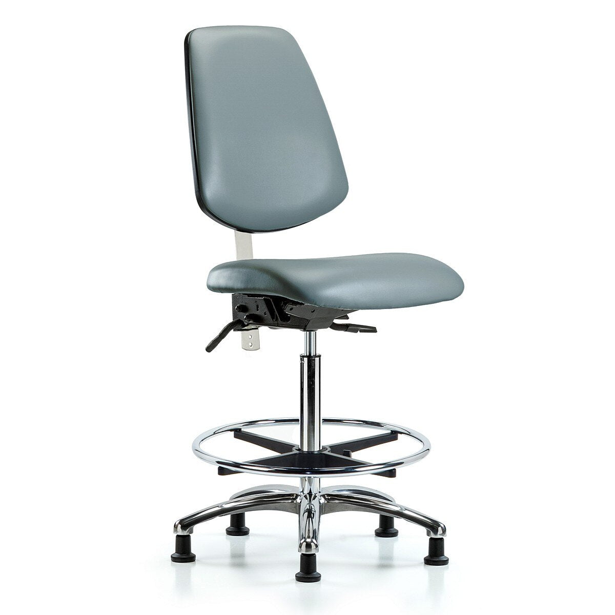 Blue Ridge Ergonomics VHBCH-MB-CR-T0-A0-CF-RG-8822 Rutledge Vinyl Chair Chrome - High Bench Height with Medium Back, Chrome Foot Ring, & Stationary Glides in Storm Supernova™ Vinyl