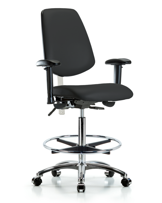 Blue Ridge Ergonomics NCR-VHBCH-MB-CR-T0-A1-CF-CC-8540 Class 100 Vinyl Clean Room Chair - High Bench Height with Medium Back, Adjustable Arms, Chrome Foot Ring, & Casters in Black Trailblazer™ Vinyl