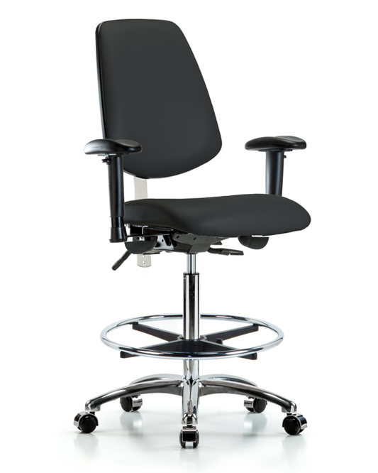 Blue Ridge Ergonomics NCR-VHBCH-MB-CR-T0-A1-CF-CC-8540 Class 100 Vinyl Clean Room Chair - High Bench Height with Medium Back, Adjustable Arms, Chrome Foot Ring, & Casters in Black Trailblazer™ Vinyl
