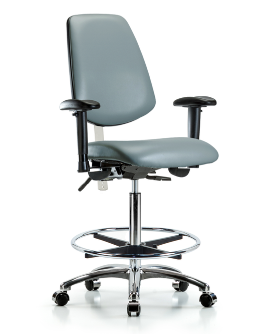 Blue Ridge Ergonomics NCR-VHBCH-MB-CR-T0-A1-CF-CC-8822 Class 100 Vinyl Clean Room Chair - High Bench Height with Medium Back, Adjustable Arms, Chrome Foot Ring, & Casters in Storm Supernova™ Vinyl