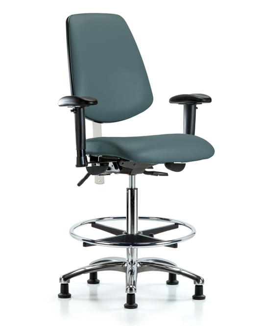 Blue Ridge Ergonomics NCR-VHBCH-MB-CR-T0-A1-CF-RG-8546 Class 100 Vinyl Clean Room Chair - High Bench Height with Medium Back, Adjustable Arms, Chrome Foot Ring, & Stationary Glides in Colonial Blue Trailblazer™ Vinyl