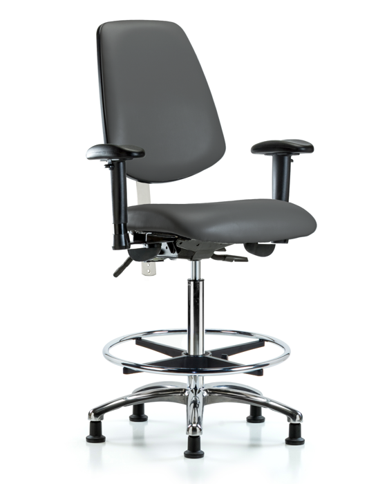 Blue Ridge Ergonomics NCR-VHBCH-MB-CR-T0-A1-CF-RG-8823 Class 100 Vinyl Clean Room Chair - High Bench Height with Medium Back, Adjustable Arms, Chrome Foot Ring, & Stationary Glides in Carbon Supernova™ Vinyl