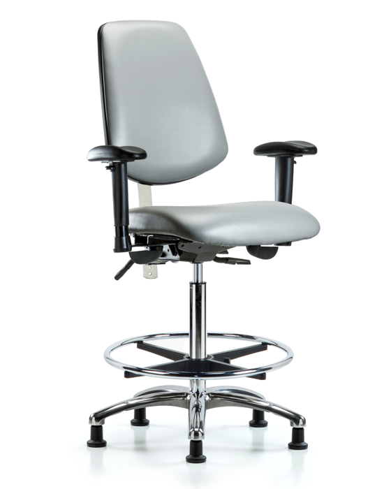 Blue Ridge Ergonomics NCR-VHBCH-MB-CR-T0-A1-CF-RG-8840 Class 100 Vinyl Clean Room Chair - High Bench Height with Medium Back, Adjustable Arms, Chrome Foot Ring, & Stationary Glides in Sterling Supernova™ Vinyl