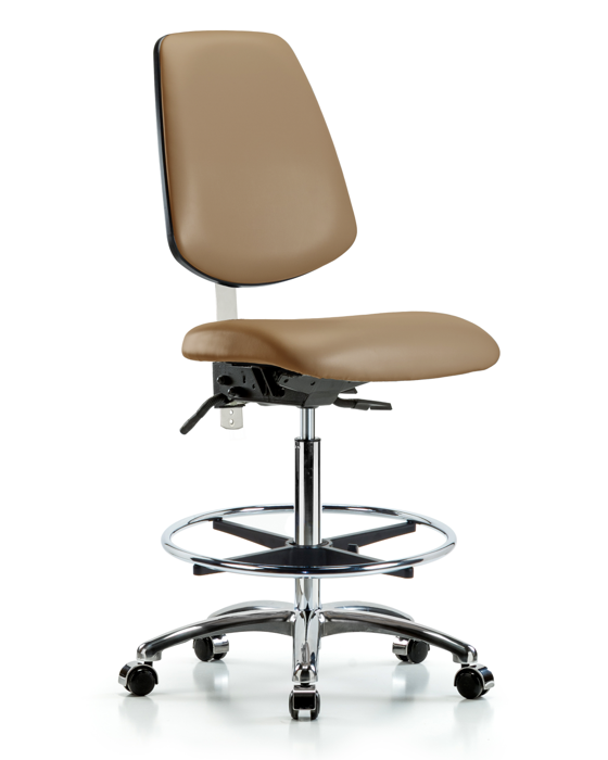 Blue Ridge Ergonomics NCR-VHBCH-MB-CR-T1-A0-CF-CC-8584 Class 100 Vinyl Clean Room Chair - High Bench Height with Medium Back, Seat Tilt, Chrome Foot Ring, & Casters in Taupe Trailblazer™ Vinyl