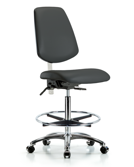 Blue Ridge Ergonomics NCR-VHBCH-MB-CR-T1-A0-CF-CC-8605 Class 100 Vinyl Clean Room Chair - High Bench Height with Medium Back, Seat Tilt, Chrome Foot Ring, & Casters in Charcoal Trailblazer™ Vinyl