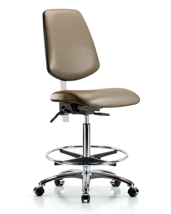 Blue Ridge Ergonomics NCR-VHBCH-MB-CR-T1-A0-CF-CC-8809 Class 100 Vinyl Clean Room Chair - High Bench Height with Medium Back, Seat Tilt, Chrome Foot Ring, & Casters in Taupe Supernova™ Vinyl