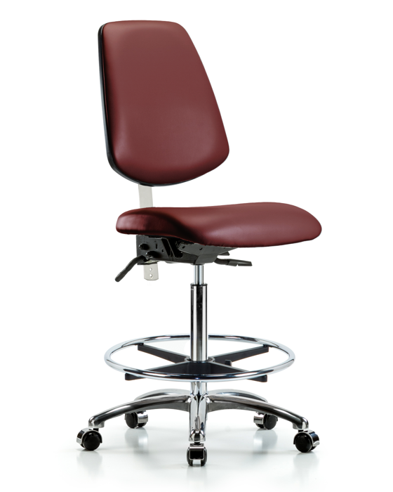 Blue Ridge Ergonomics NCR-VHBCH-MB-CR-T1-A0-CF-CC-8815 Class 100 Vinyl Clean Room Chair - High Bench Height with Medium Back, Seat Tilt, Chrome Foot Ring, & Casters in Borscht Supernova™ Vinyl