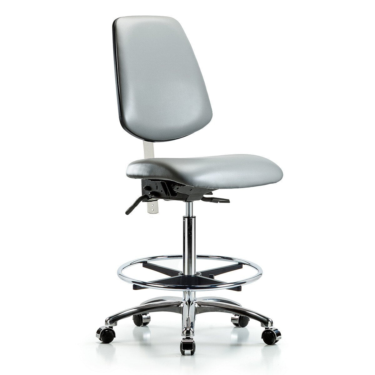 Blue Ridge Ergonomics NCR-VHBCH-MB-CR-T1-A0-CF-CC-8840 Class 100 Vinyl Clean Room Chair - High Bench Height with Medium Back, Seat Tilt, Chrome Foot Ring, & Casters in Sterling Supernova™ Vinyl