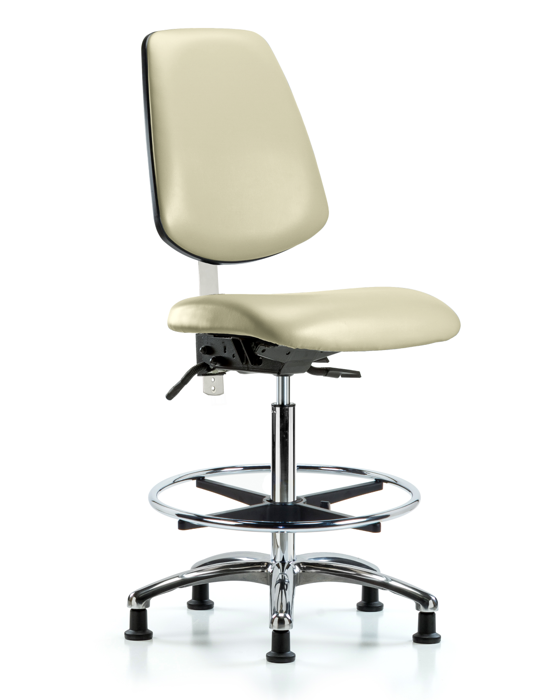 Blue Ridge Ergonomics NCR-VHBCH-MB-CR-T1-A0-CF-RG-8501 Class 100 Vinyl Clean Room Chair - High Bench Height with Medium Back, Seat Tilt, Chrome Foot Ring, & Stationary Glides in Adobe White Trailblazer™ Vinyl