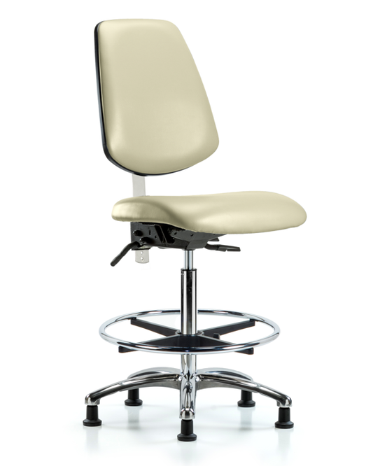 Blue Ridge Ergonomics NCR-VHBCH-MB-CR-T1-A0-CF-RG-8501 Class 100 Vinyl Clean Room Chair - High Bench Height with Medium Back, Seat Tilt, Chrome Foot Ring, & Stationary Glides in Adobe White Trailblazer™ Vinyl