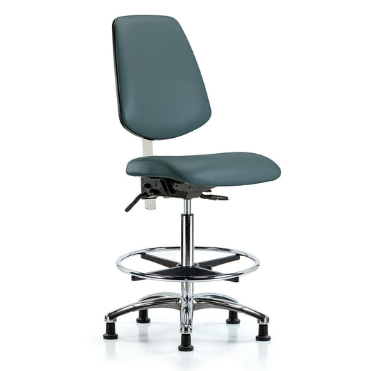 Blue Ridge Ergonomics NCR-VHBCH-MB-CR-T1-A0-CF-RG-8546 Class 100 Vinyl Clean Room Chair - High Bench Height with Medium Back, Seat Tilt, Chrome Foot Ring, & Stationary Glides in Colonial Blue Trailblazer™ Vinyl