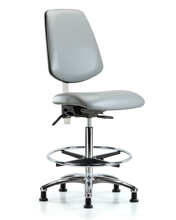 Blue Ridge Ergonomics NCR-VHBCH-MB-CR-T1-A0-CF-RG-8567 Class 100 Vinyl Clean Room Chair - High Bench Height with Medium Back, Seat Tilt, Chrome Foot Ring, & Stationary Glides in Dove Trailblazer™ Vinyl