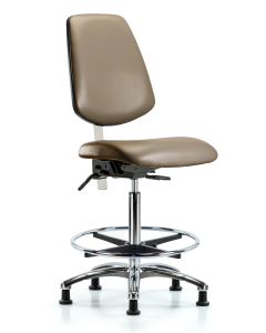 Blue Ridge Ergonomics VHBCH-MB-CR-T1-A0-CF-RG-8809 Rutledge Vinyl Chair Chrome - High Bench Height with Medium Back, Seat Tilt, Chrome Foot Ring, & Stationary Glides in Taupe Supernova™ Vinyl