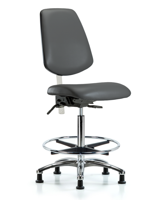Blue Ridge Ergonomics NCR-VHBCH-MB-CR-T1-A0-CF-RG-8823 Class 100 Vinyl Clean Room Chair - High Bench Height with Medium Back, Seat Tilt, Chrome Foot Ring, & Stationary Glides in Carbon Supernova™ Vinyl