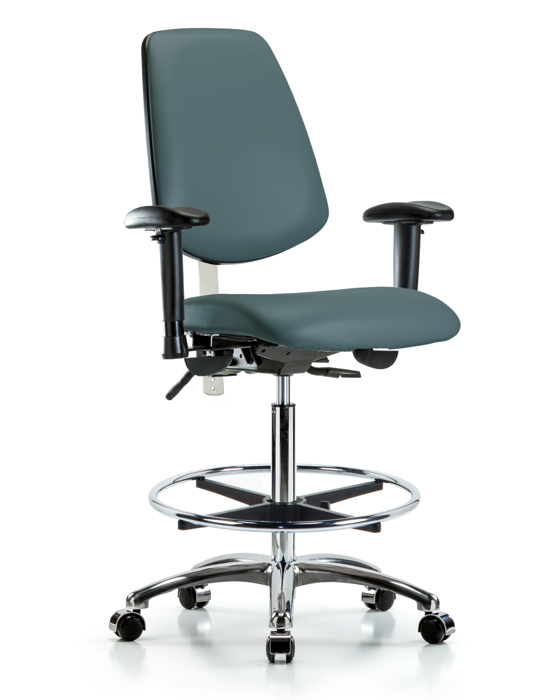 Blue Ridge Ergonomics NCR-VHBCH-MB-CR-T1-A1-CF-CC-8546 CL100 Vinyl Clean Room Chair - High Bench Height with Medium Back, Seat Tilt, Adjustable Arms, Chrome Foot Ring, & Casters in Colonial Blue Trailblazer™ Vinyl