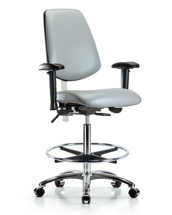 Blue Ridge Ergonomics NCR-VHBCH-MB-CR-T1-A1-CF-CC-8567 Class 100 Vinyl Clean Room Chair - High Bench Height with Medium Back, Seat Tilt, Adjustable Arms, Chrome Foot Ring, & Casters in Dove Trailblazer™ Vinyl