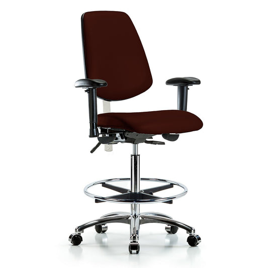 Blue Ridge Ergonomics NCR-VHBCH-MB-CR-T1-A1-CF-CC-8569 Class 100 Vinyl Clean Room Chair - High Bench Height with Medium Back, Seat Tilt, Adjustable Arms, Chrome Foot Ring, & Casters in Burgundy Trailblazer™ Vinyl