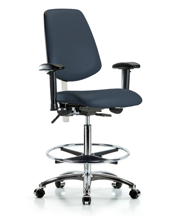 Blue Ridge Ergonomics NCR-VHBCH-MB-CR-T1-A1-CF-CC-8582 CL100 Vinyl Clean Room Chair - High Bench Height with Medium Back, Seat Tilt, Adjustable Arms, Chrome Foot Ring, & Casters in Imperial Blue Trailblazer™ Vinyl