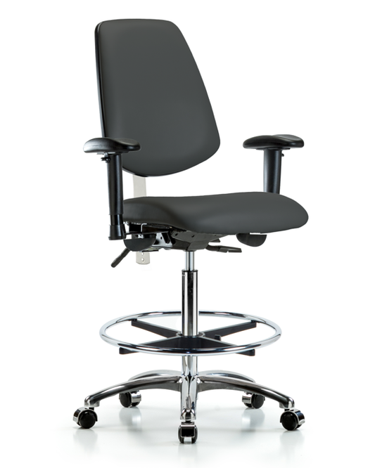 Blue Ridge Ergonomics NCR-VHBCH-MB-CR-T1-A1-CF-CC-8605 Class 100 Vinyl Clean Room Chair - High Bench Height with Medium Back, Seat Tilt, Adjustable Arms, Chrome Foot Ring, & Casters in Charcoal Trailblazer™ Vinyl
