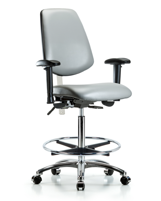 Blue Ridge Ergonomics NCR-VHBCH-MB-CR-T1-A1-CF-CC-8840 Class 100 Vinyl Clean Room Chair - High Bench Height with Medium Back, Seat Tilt, Adjustable Arms, Chrome Foot Ring, & Casters in Sterling Supernova™ Vinyl