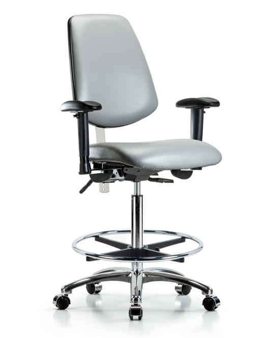 Blue Ridge Ergonomics NCR-VHBCH-MB-CR-T1-A1-CF-CC-8840 Class 100 Vinyl Clean Room Chair - High Bench Height with Medium Back, Seat Tilt, Adjustable Arms, Chrome Foot Ring, & Casters in Sterling Supernova™ Vinyl