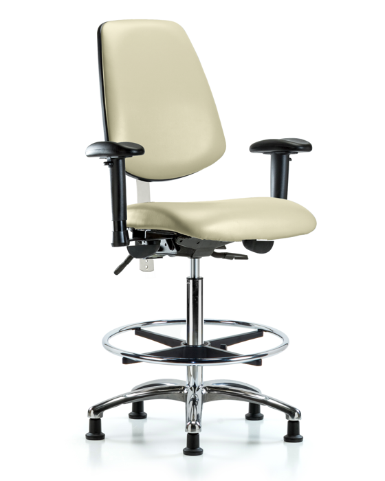 Blue Ridge Ergonomics NCR-VHBCH-MB-CR-T1-A1-CF-RG-8501 CL100 Vinyl Clean Room Chair - High Bench Height with Medium Back, Seat Tilt, Adj Arms, Chrome Foot Ring, & Stationary Glides in Adobe White Trailblazer™ Vinyl