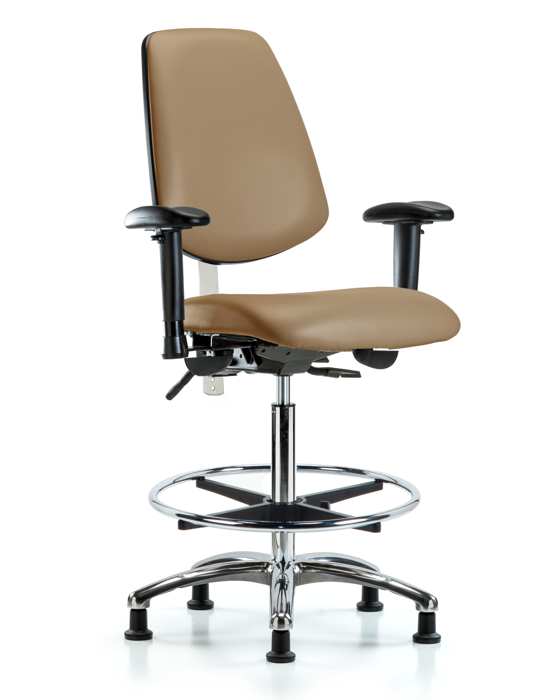 Blue Ridge Ergonomics NCR-VHBCH-MB-CR-T1-A1-CF-RG-8584 CL100 Vinyl Clean Room Chair - High Bench Height with Medium Back, Seat Tilt, Adjustable Arms, Chrome Foot Ring, & Stationary Glides in Taupe Trailblazer™ Vinyl