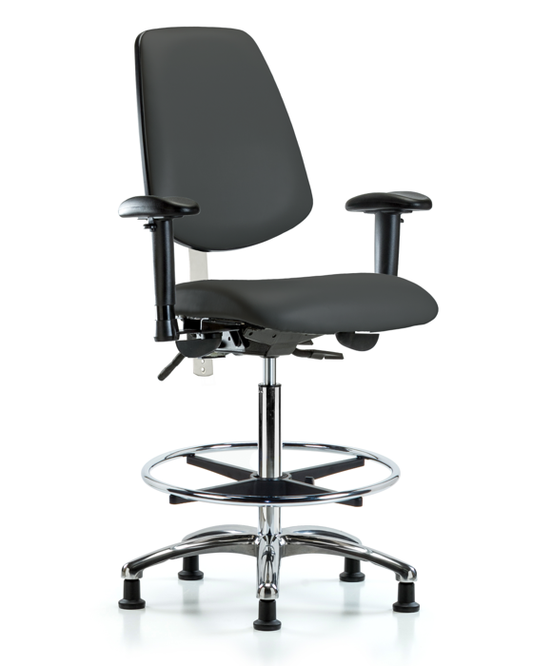 Blue Ridge Ergonomics NCR-VHBCH-MB-CR-T1-A1-CF-RG-8605 CL100 Vinyl Clean Room Chair - High Bench Height with Medium Back, Seat Tilt, Adj Arms, Chrome Foot Ring, & Stationary Glides in Charcoal Trailblazer™ Vinyl