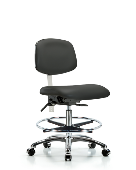 Blue Ridge Ergonomics NCR-VMBCH-CR-T0-A0-CF-CC-8605 Class 100 Vinyl Clean Room Chair - Medium Bench Height with Chrome Foot Ring & Casters in Charcoal Trailblazer™ Vinyl