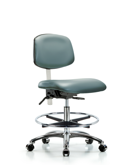 Blue Ridge Ergonomics NCR-VMBCH-CR-T0-A0-CF-CC-8822 Class 100 Vinyl Clean Room Chair - Medium Bench Height with Chrome Foot Ring & Casters in Storm Supernova™ Vinyl