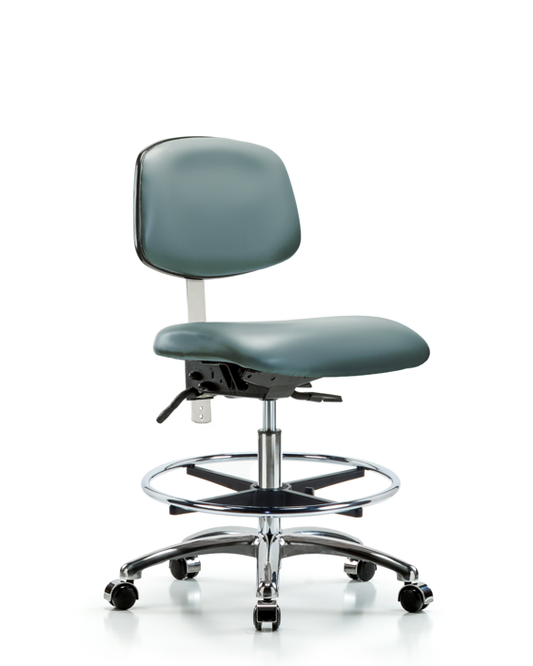 Blue Ridge Ergonomics NCR-VMBCH-CR-T0-A0-CF-CC-8822 Class 100 Vinyl Clean Room Chair - Medium Bench Height with Chrome Foot Ring & Casters in Storm Supernova™ Vinyl