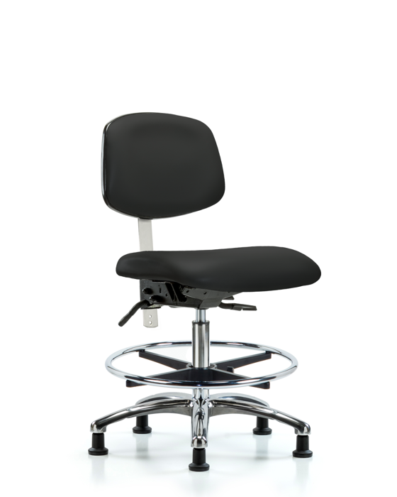 Blue Ridge Ergonomics NCR-VMBCH-CR-T0-A0-CF-RG-8540 Class 100 Vinyl Clean Room Chair - Medium Bench Height with Chrome Foot Ring & Stationary Glides in Black Trailblazer™ Vinyl