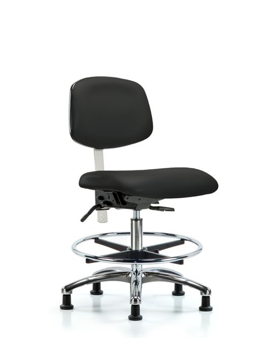 Blue Ridge Ergonomics NCR-VMBCH-CR-T0-A0-CF-RG-8540 Class 100 Vinyl Clean Room Chair - Medium Bench Height with Chrome Foot Ring & Stationary Glides in Black Trailblazer™ Vinyl