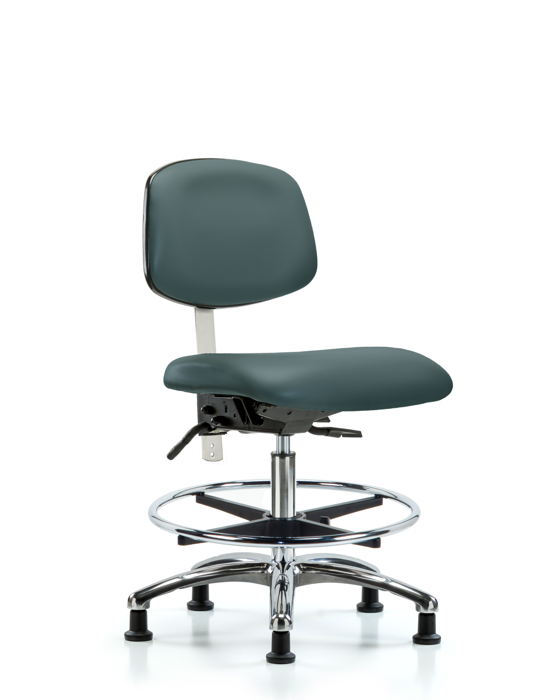 Blue Ridge Ergonomics NCR-VMBCH-CR-T0-A0-CF-RG-8546 Class 100 Vinyl Clean Room Chair - Medium Bench Height with Chrome Foot Ring & Stationary Glides in Colonial Blue Trailblazer™ Vinyl