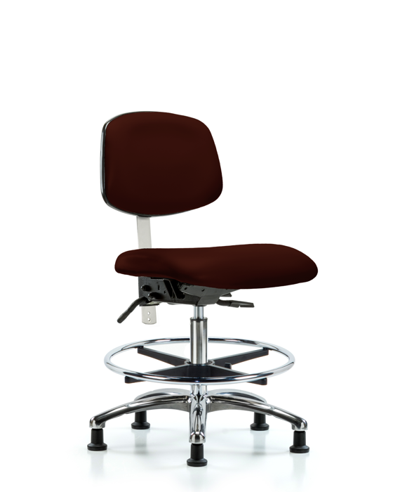 Blue Ridge Ergonomics NCR-VMBCH-CR-T0-A0-CF-RG-8569 Class 100 Vinyl Clean Room Chair - Medium Bench Height with Chrome Foot Ring & Stationary Glides in Burgundy Trailblazer™ Vinyl