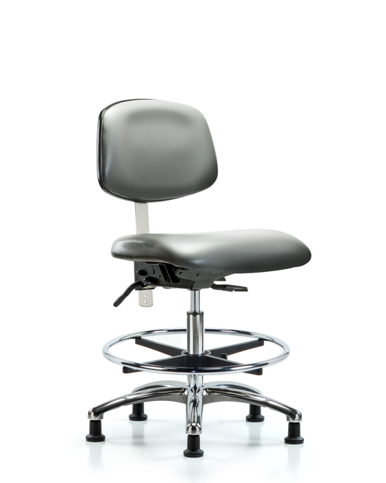 Blue Ridge Ergonomics NCR-VMBCH-CR-T0-A0-CF-RG-8840 Class 100 Vinyl Clean Room Chair - Medium Bench Height with Chrome Foot Ring & Stationary Glides in Sterling Supernova™ Vinyl
